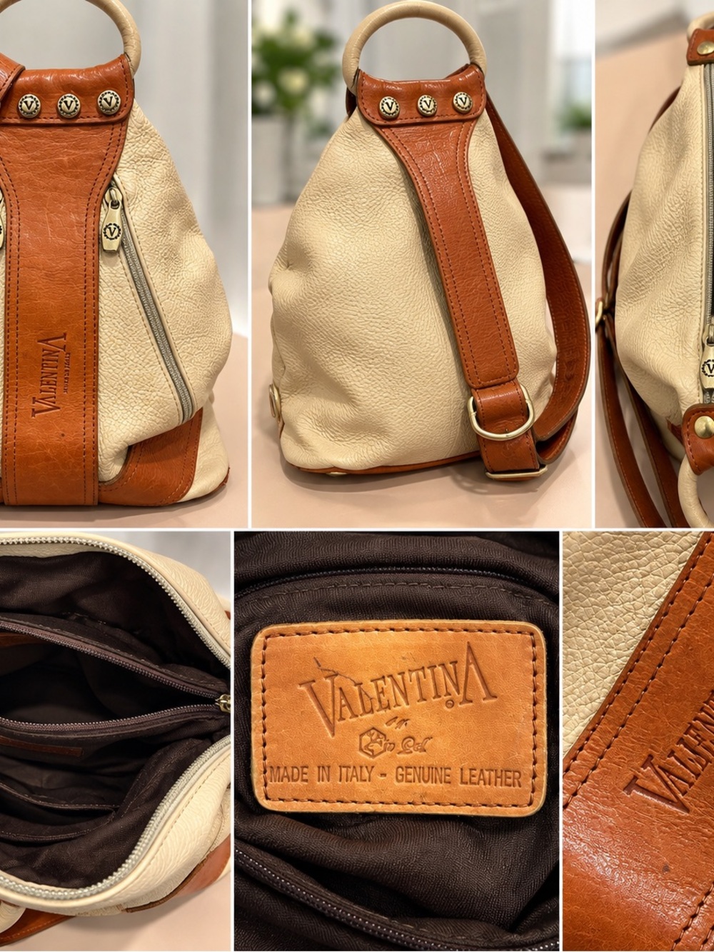 Valentina Cream and Tan Leather Sling Backpack